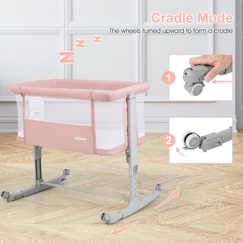 INFANS 3 in 1 Baby Bassinet, Bedside Sleeper for Newborn, Folding Crib with Mattress, Travel Bag, Wheels, 4-Sided Mesh, Easy to Assemble Cradle Co Sleeper Stationary, Rock (Pink) - Image 2